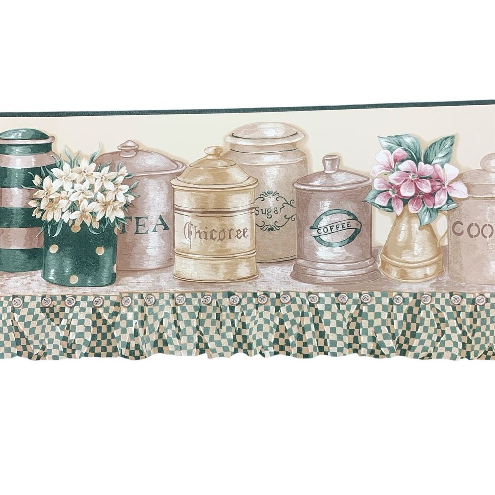 Vintage Border Country Kitchen Cannister Set on Hutch Shelf Coffee Tea Cookies